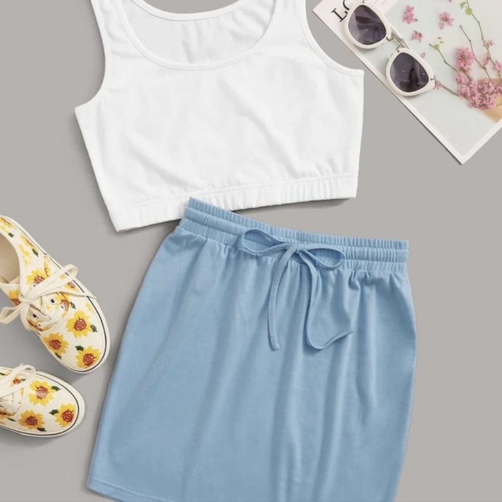 Blue house skirt white bra top